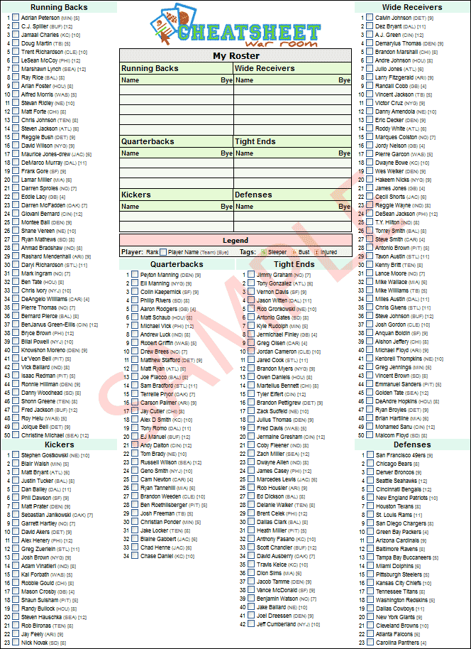 Fantasy Football Cheat Sheets Free Printable - Printable Templates